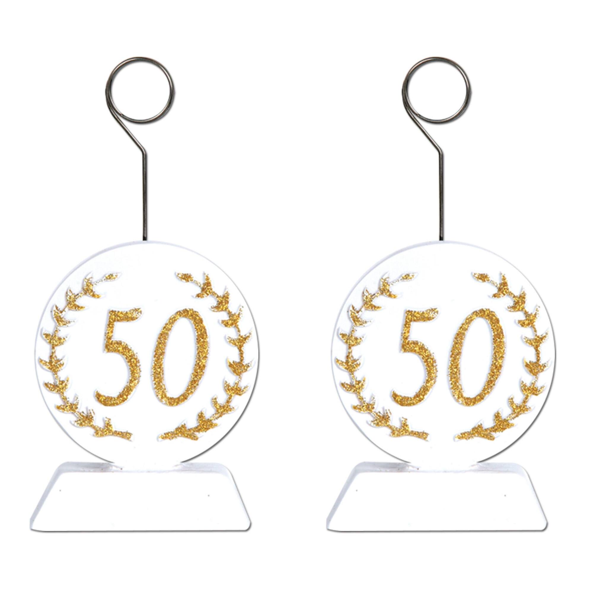 Beistle 6oz. White & Gold Glittered "50" Photo & Balloon Holders, 2ct.